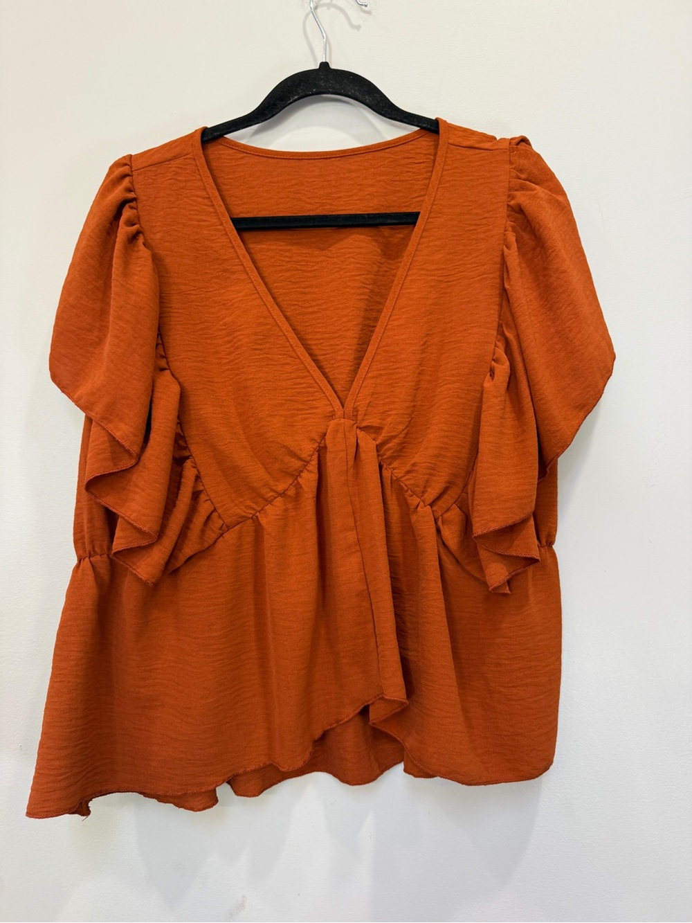 SHEIN Rust Orange V-Neck Tie-Front Ruffle Tunic